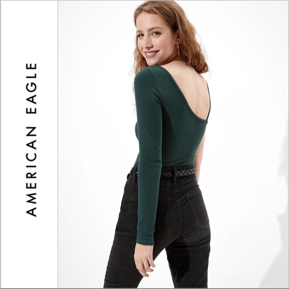 American Eagle AE Deep Green Ribbed One Shoulder Bodysuit Long Sleeve